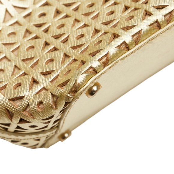 Kate Spade logo punched tote bag, gold leather handbag, women's.